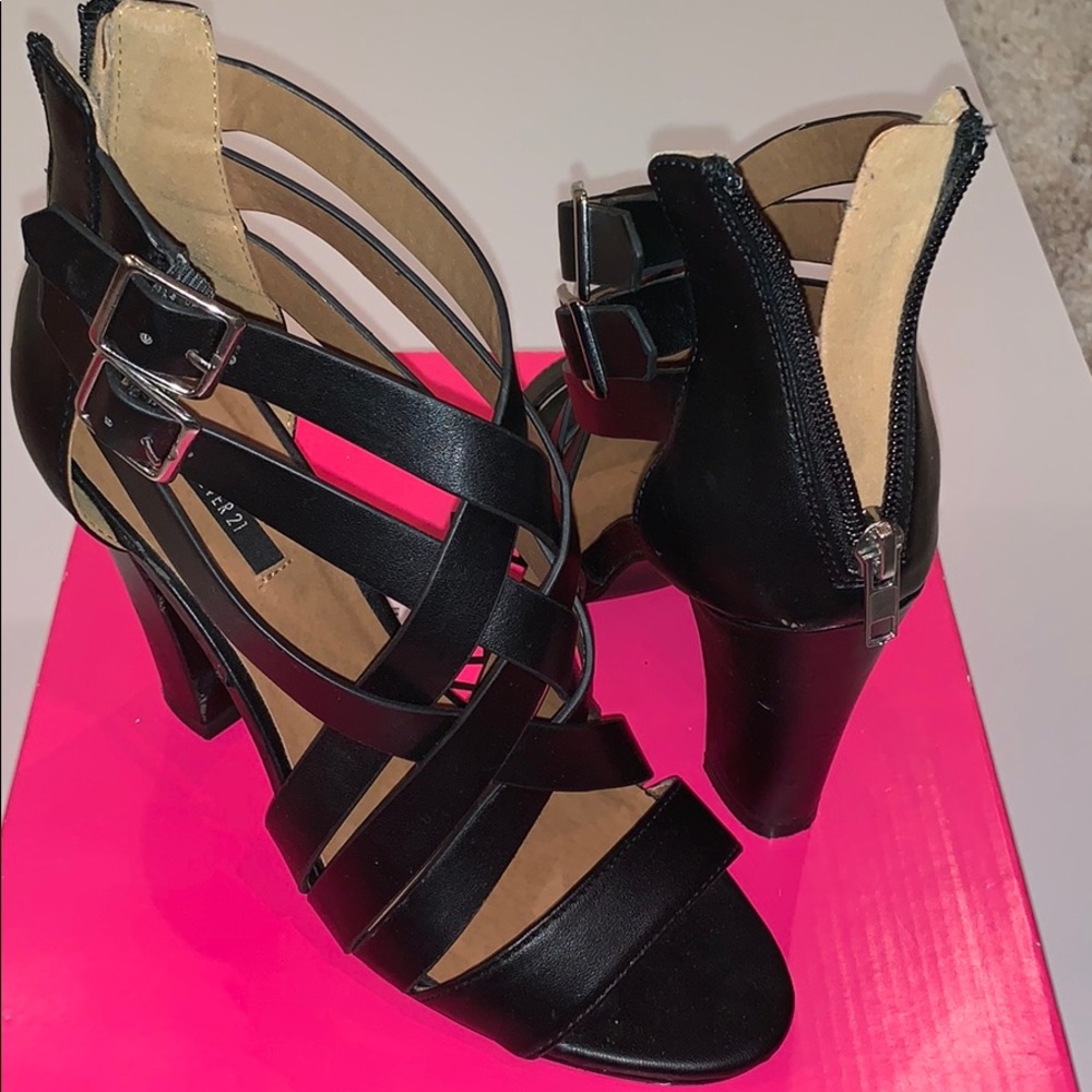 Black strappy block heel sandals
